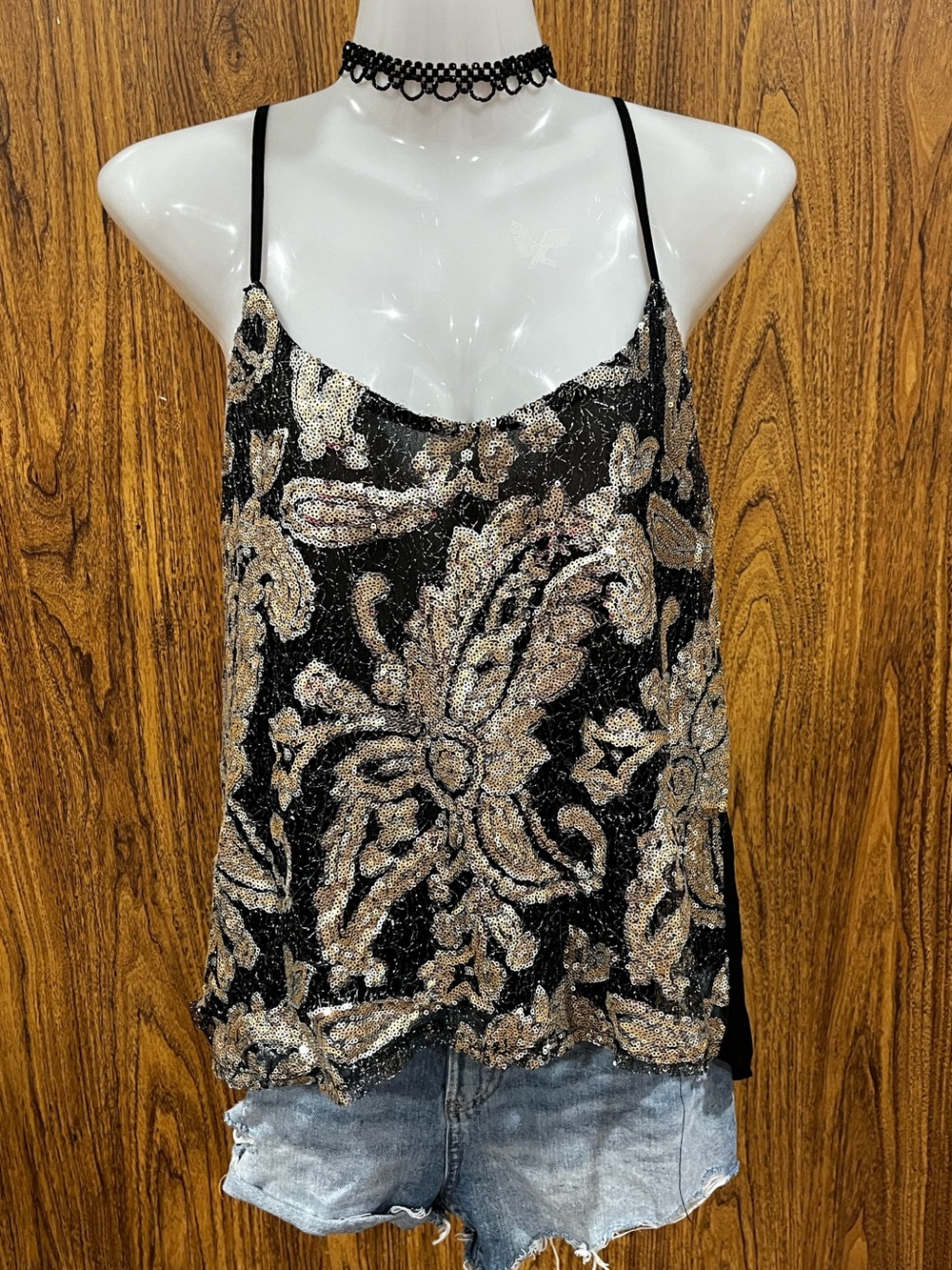 Y2K Black & Gold Sequin Paisley Cami Top